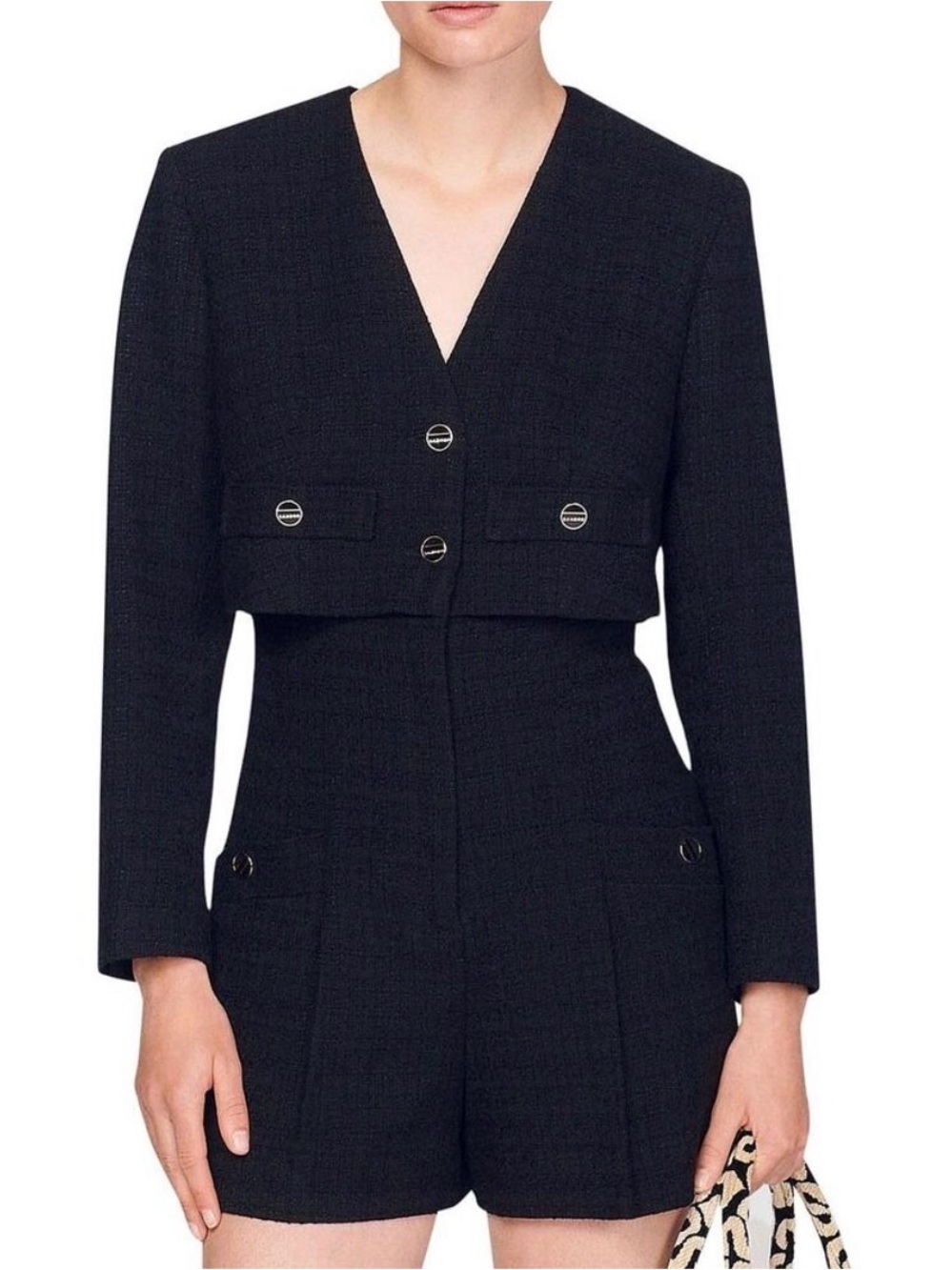 Sandro Black Tweed Romper with Gold Buttons